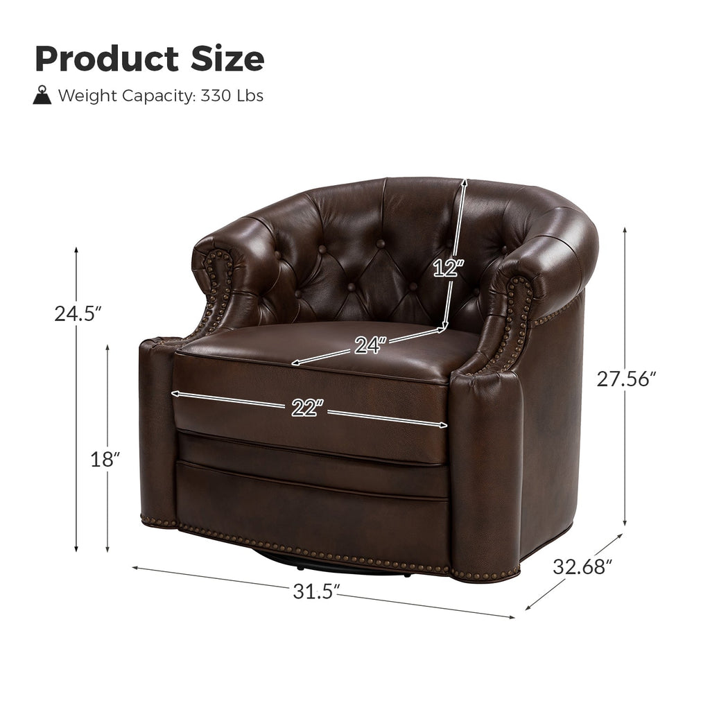 Fauteuil pivotant capitonné en cuir véritable avec accoudoirs roulés, garniture cloutée et pieds noirs | Chocolat / Caramel / Marron / Turquoise | Monoplace