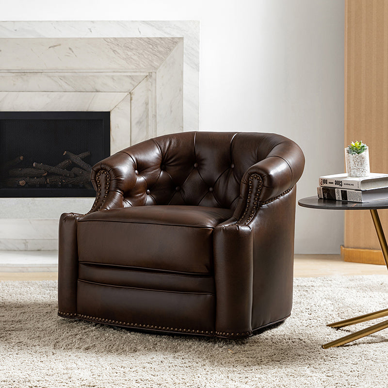 Fauteuil pivotant capitonné en cuir véritable avec accoudoirs roulés, garniture cloutée et pieds noirs | Chocolat / Caramel / Marron / Turquoise | Monoplace