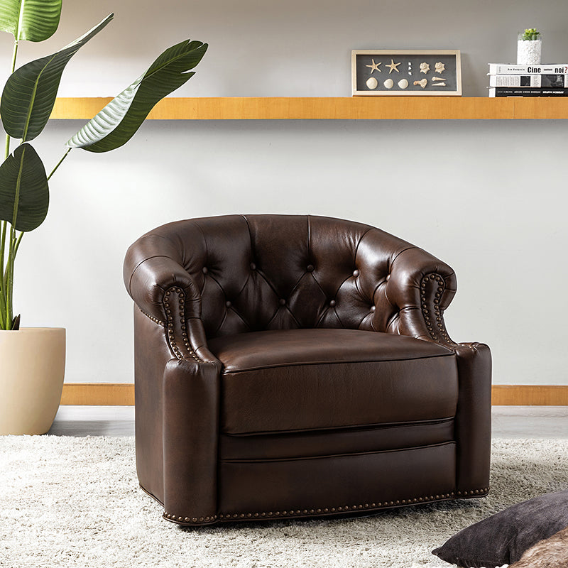 Fauteuil pivotant capitonné en cuir véritable avec accoudoirs roulés, garniture cloutée et pieds noirs | Chocolat / Caramel / Marron / Turquoise | Monoplace