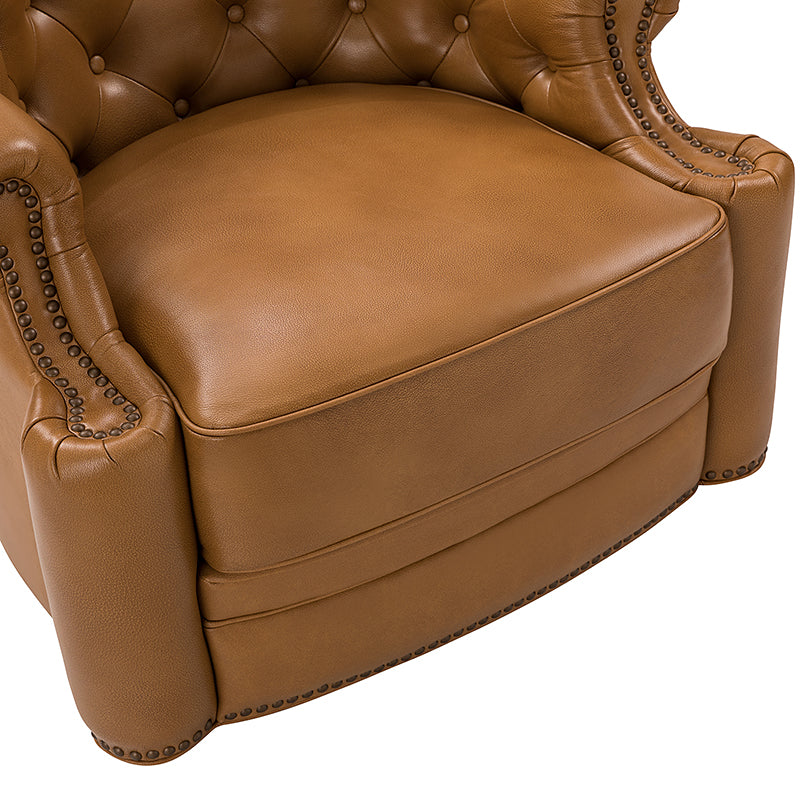 Fauteuil pivotant capitonné en cuir véritable avec accoudoirs roulés, garniture cloutée et pieds noirs | Chocolat / Caramel / Marron / Turquoise | Monoplace