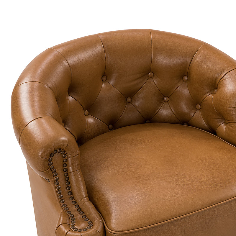 Fauteuil pivotant capitonné en cuir véritable avec accoudoirs roulés, garniture cloutée et pieds noirs | Chocolat / Caramel / Marron / Turquoise | Monoplace