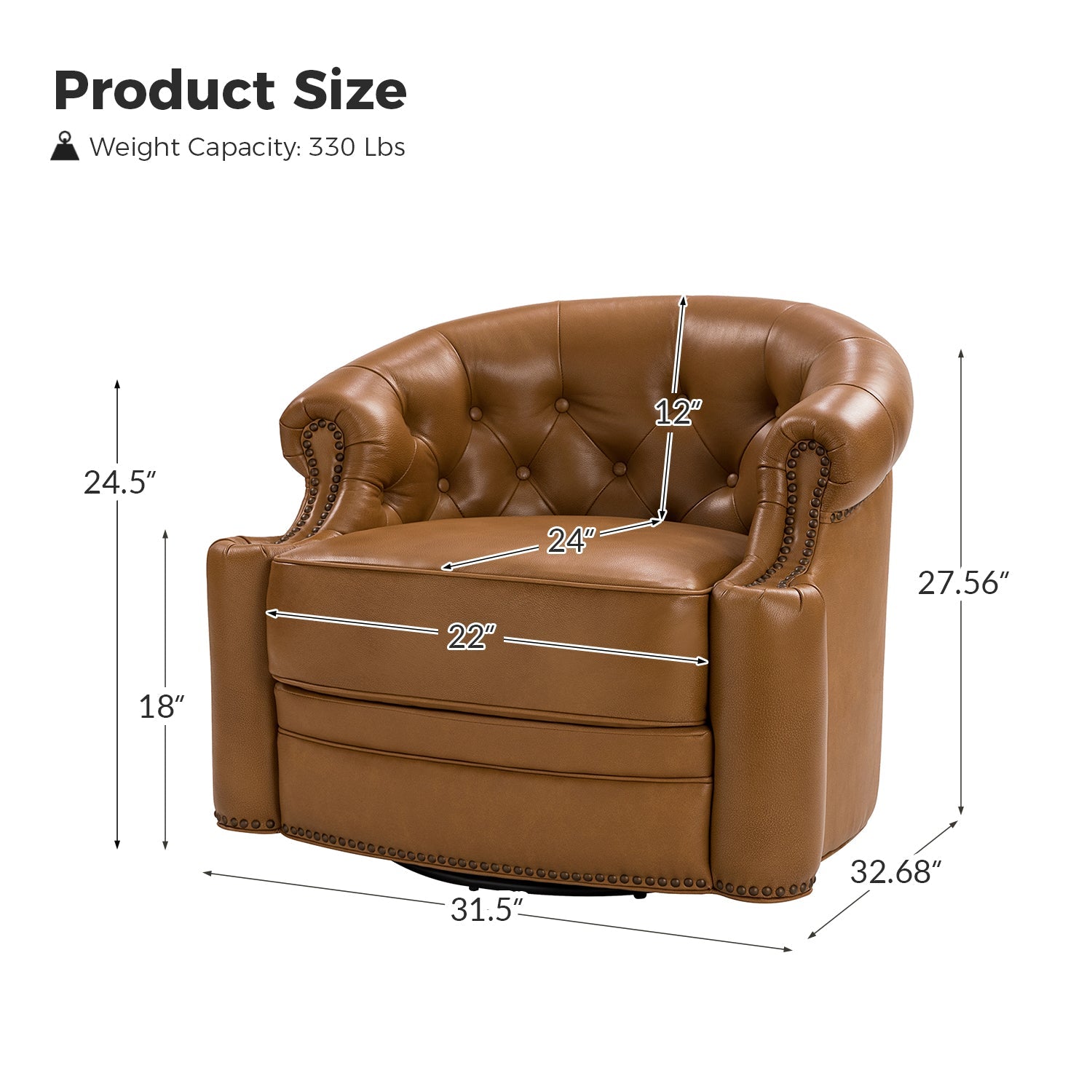 Fauteuil pivotant capitonné en cuir véritable avec accoudoirs roulés, garniture cloutée et pieds noirs | Chocolat / Caramel / Marron / Turquoise | Monoplace