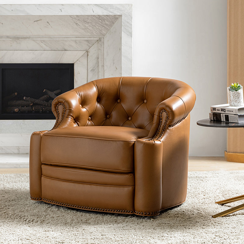 Fauteuil pivotant capitonné en cuir véritable avec accoudoirs roulés, garniture cloutée et pieds noirs | Chocolat / Caramel / Marron / Turquoise | Monoplace