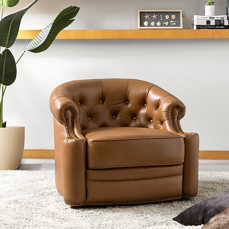 Fauteuil pivotant capitonné en cuir véritable avec accoudoirs roulés, garniture cloutée et pieds noirs | Chocolat / Caramel / Marron / Turquoise | Monoplace