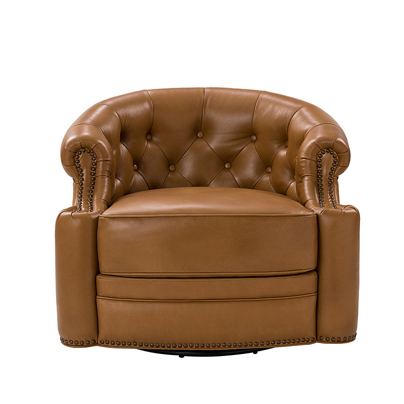 Fauteuil pivotant capitonné en cuir véritable avec accoudoirs roulés, garniture cloutée et pieds noirs | Chocolat / Caramel / Marron / Turquoise | Monoplace