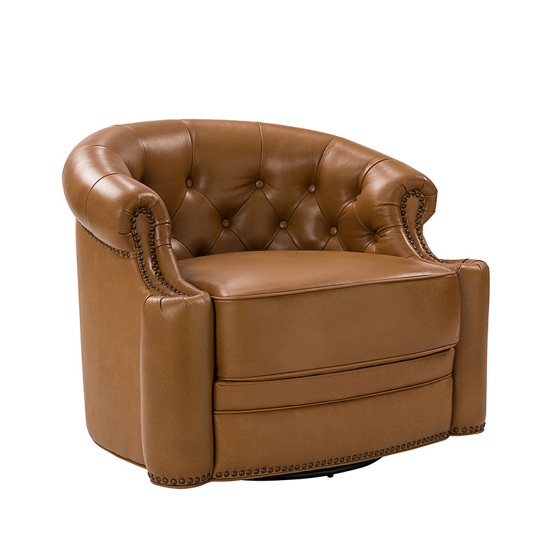 Fauteuil pivotant capitonné en cuir véritable avec accoudoirs roulés, garniture cloutée et pieds noirs | Chocolat / Caramel / Marron / Turquoise | Monoplace