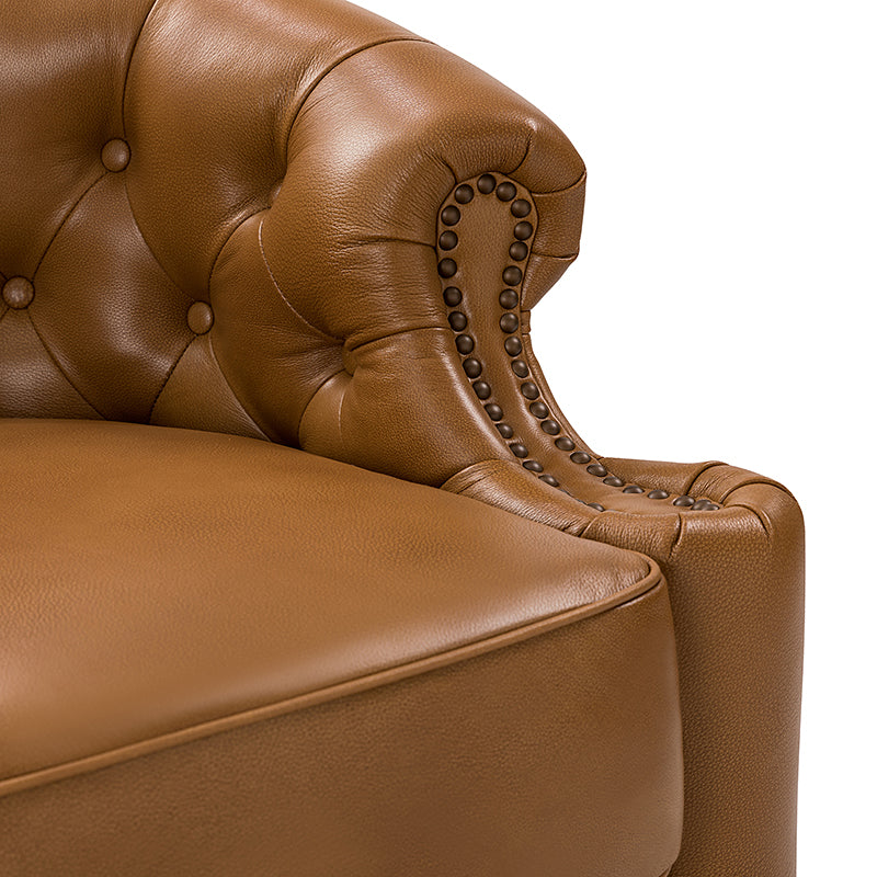 Fauteuil pivotant capitonné en cuir véritable avec accoudoirs roulés, garniture cloutée et pieds noirs | Chocolat / Caramel / Marron / Turquoise | Monoplace