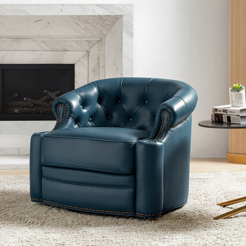 Fauteuil pivotant capitonné en cuir véritable avec accoudoirs roulés, garniture cloutée et pieds noirs | Chocolat / Caramel / Marron / Turquoise | Monoplace