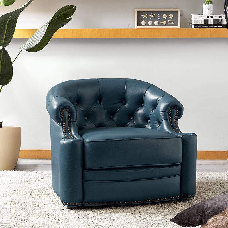 Fauteuil pivotant capitonné en cuir véritable avec accoudoirs roulés, garniture cloutée et pieds noirs | Chocolat / Caramel / Marron / Turquoise | Monoplace