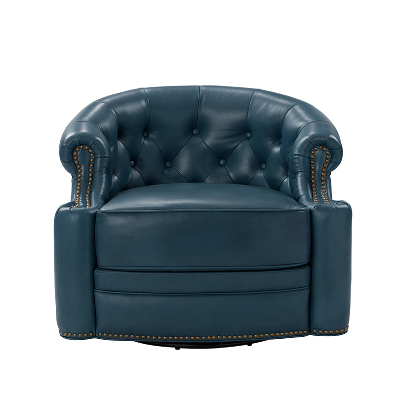Fauteuil pivotant capitonné en cuir véritable avec accoudoirs roulés, garniture cloutée et pieds noirs | Chocolat / Caramel / Marron / Turquoise | Monoplace