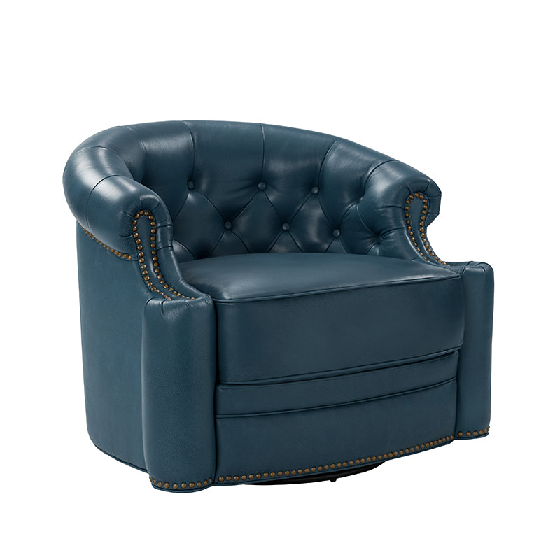 Fauteuil pivotant capitonné en cuir véritable avec accoudoirs roulés, garniture cloutée et pieds noirs | Chocolat / Caramel / Marron / Turquoise | Monoplace