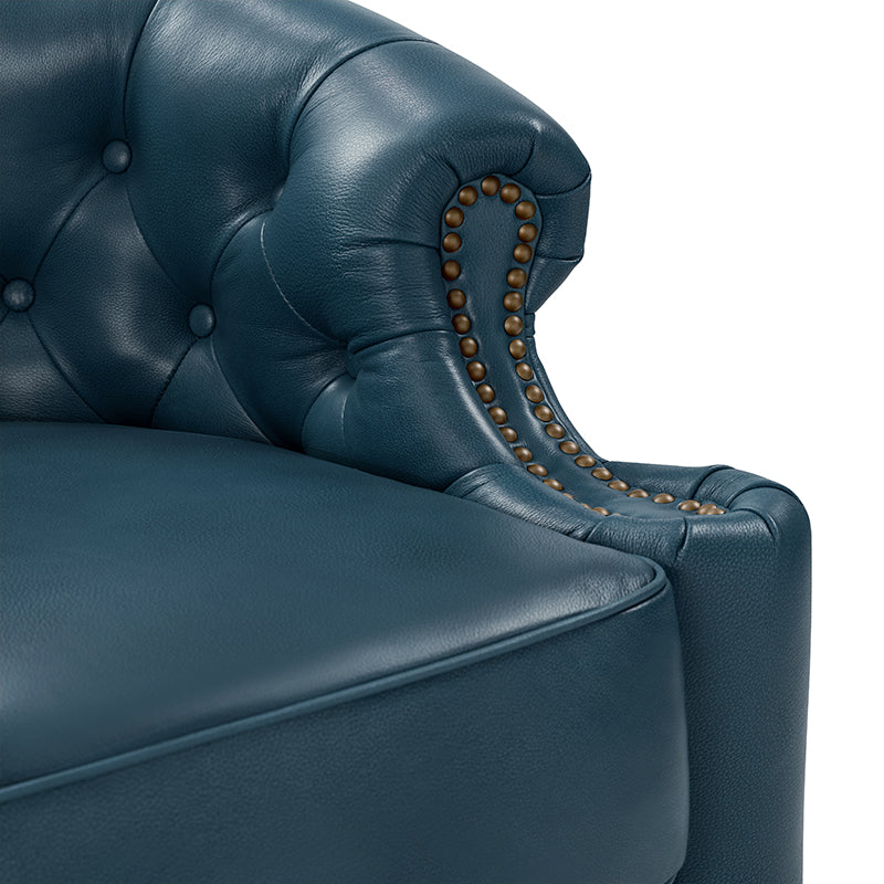 Fauteuil pivotant capitonné en cuir véritable avec accoudoirs roulés, garniture cloutée et pieds noirs | Chocolat / Caramel / Marron / Turquoise | Monoplace