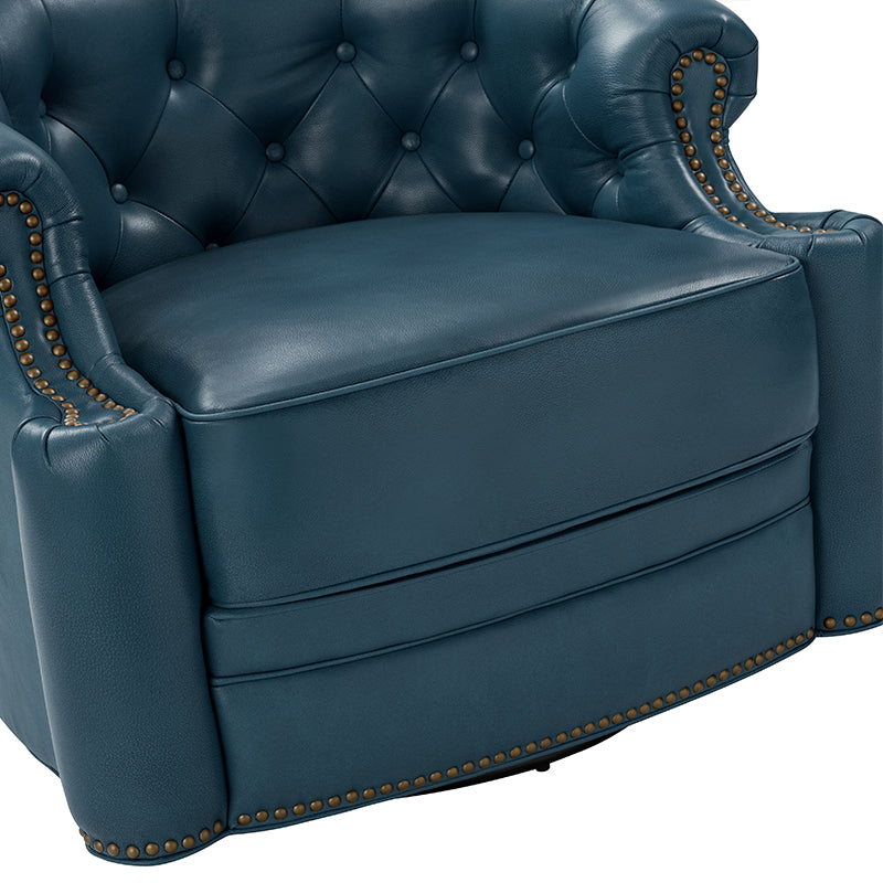Fauteuil pivotant capitonné en cuir véritable avec accoudoirs roulés, garniture cloutée et pieds noirs | Chocolat / Caramel / Marron / Turquoise | Monoplace