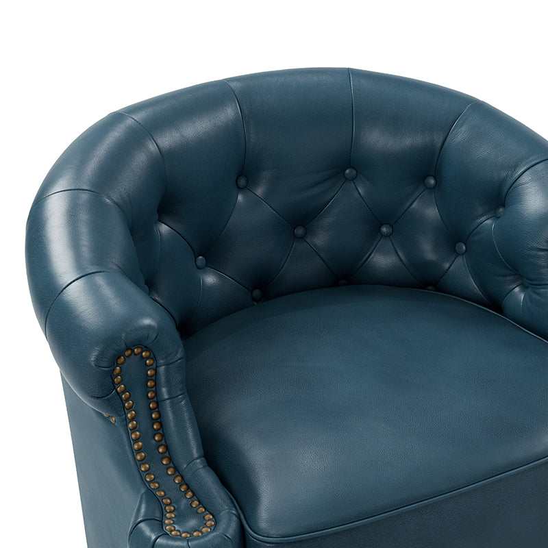 Fauteuil pivotant capitonné en cuir véritable avec accoudoirs roulés, garniture cloutée et pieds noirs | Chocolat / Caramel / Marron / Turquoise | Monoplace
