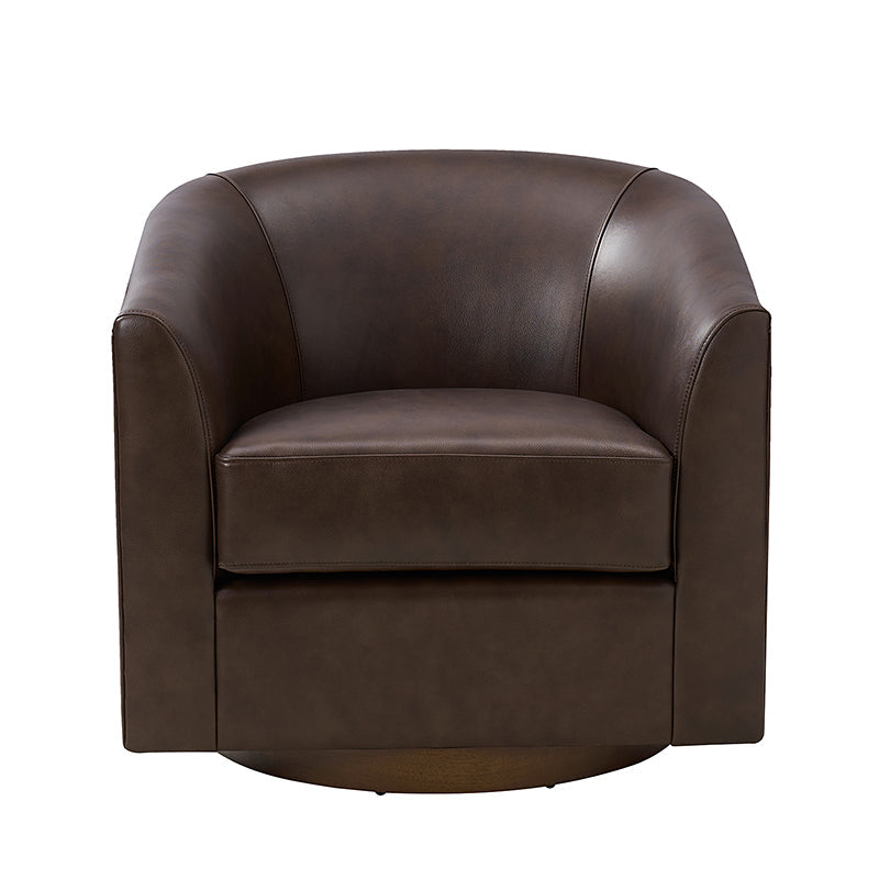 Fauteuil pivotant en cuir véritable avec accoudoirs encastrés et base en bois massif | Marron / Sauge / Camel | Monoplace