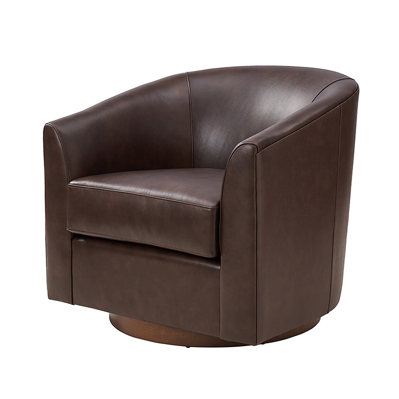Fauteuil pivotant en cuir véritable avec accoudoirs encastrés et base en bois massif | Marron / Sauge / Camel | Monoplace