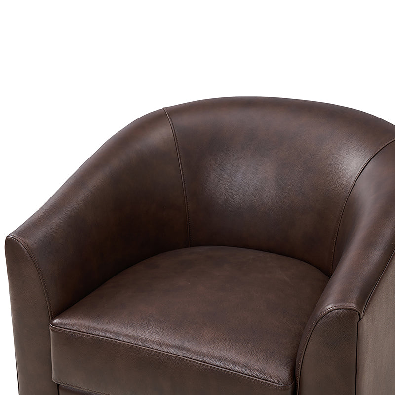 Fauteuil pivotant en cuir véritable avec accoudoirs encastrés et base en bois massif | Marron / Sauge / Camel | Monoplace