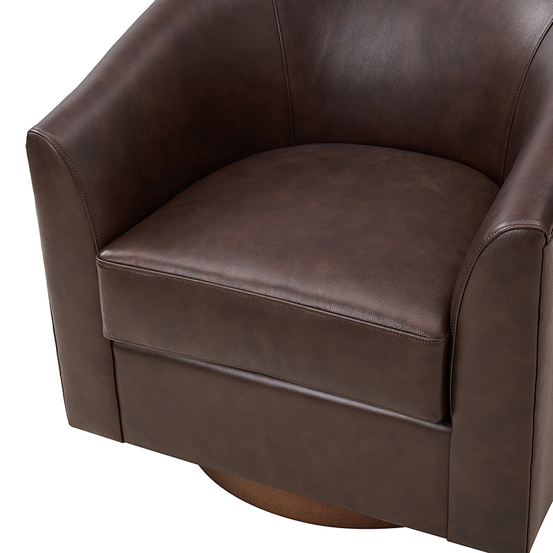 Fauteuil pivotant en cuir véritable avec accoudoirs encastrés et base en bois massif | Marron / Sauge / Camel | Monoplace
