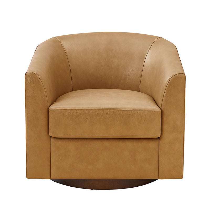 Fauteuil pivotant en cuir véritable avec accoudoirs encastrés et base en bois massif | Marron / Sauge / Camel | Monoplace