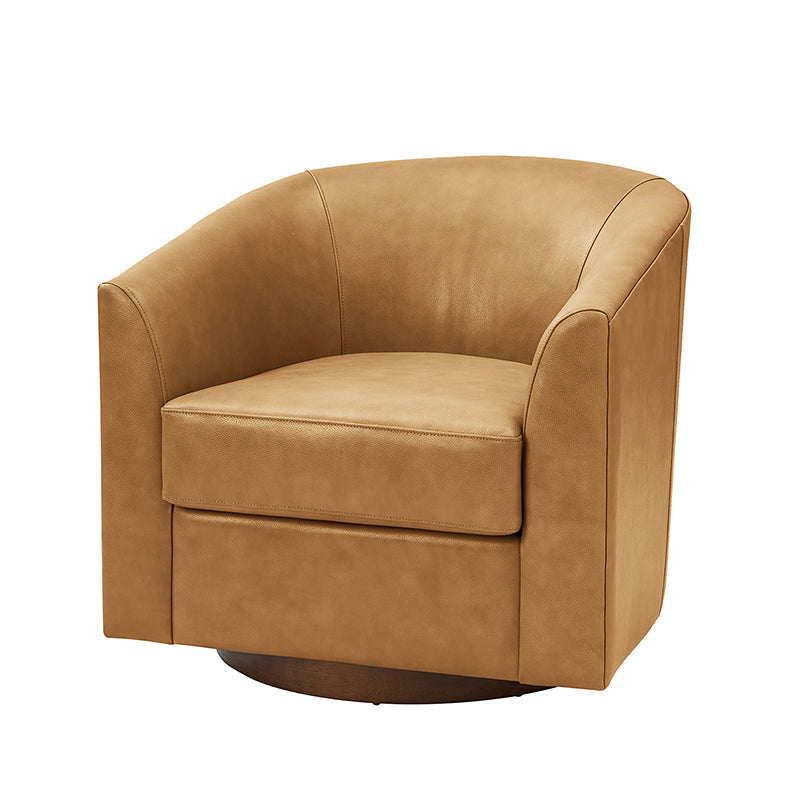 Fauteuil pivotant en cuir véritable avec accoudoirs encastrés et base en bois massif | Marron / Sauge / Camel | Monoplace