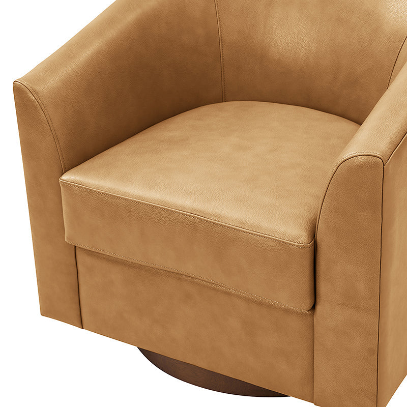 Fauteuil pivotant en cuir véritable avec accoudoirs encastrés et base en bois massif | Marron / Sauge / Camel | Monoplace