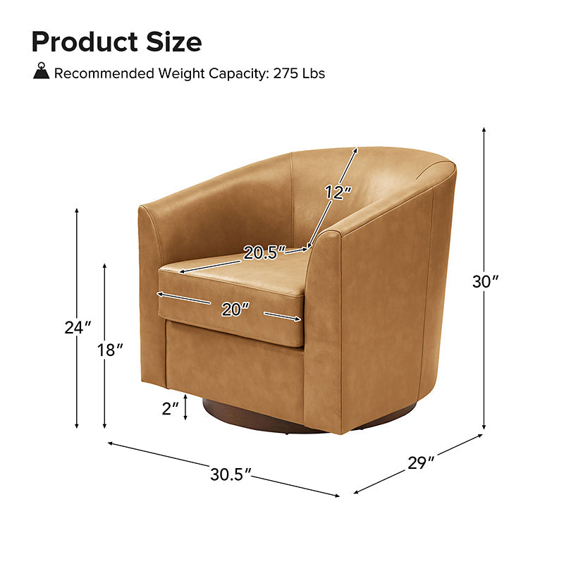 Fauteuil pivotant en cuir véritable avec accoudoirs encastrés et base en bois massif | Marron / Sauge / Camel | Monoplace