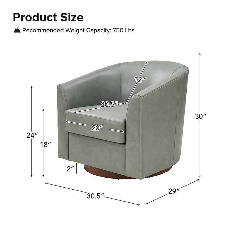 Fauteuil pivotant en cuir véritable avec accoudoirs encastrés et base en bois massif | Marron / Sauge / Camel | Monoplace