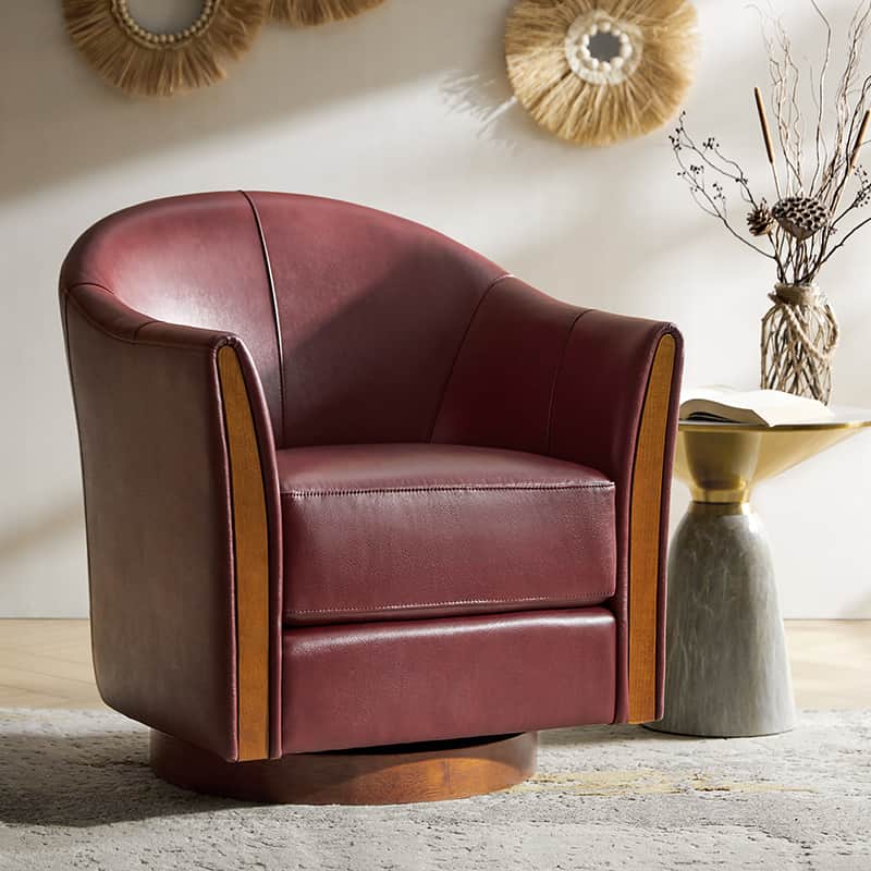 Fauteuil pivotant en cuir véritable avec base en bois massif et accoudoirs encastrés | Bordeaux / Marron / Camel | Monoplace
