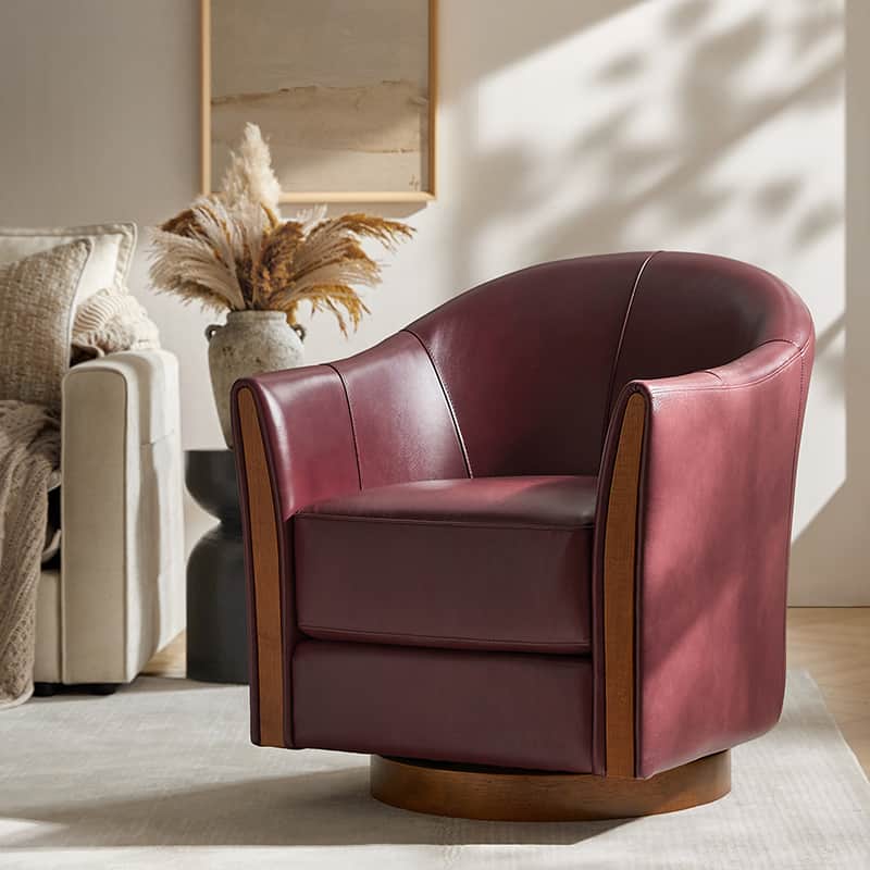 Fauteuil pivotant en cuir véritable avec base en bois massif et accoudoirs encastrés | Bordeaux / Marron / Camel | Monoplace
