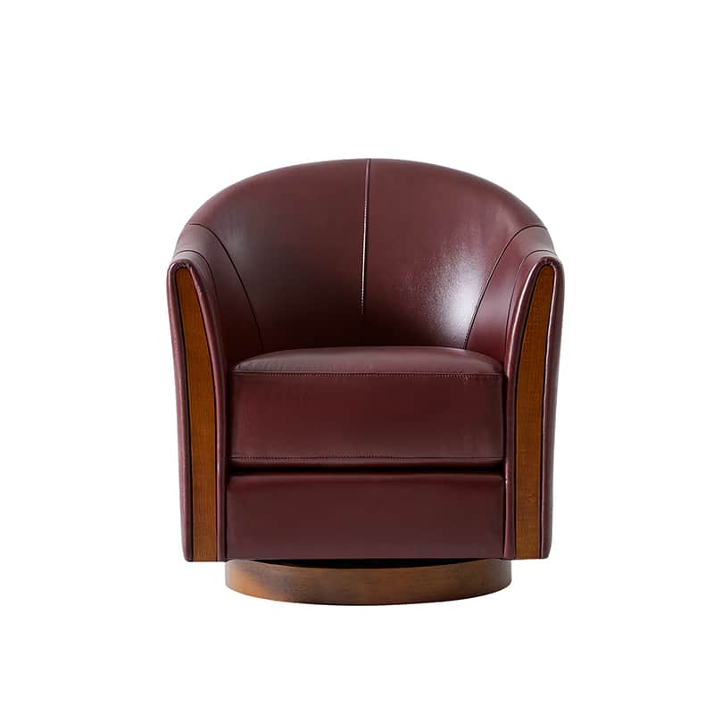 Fauteuil pivotant en cuir véritable avec base en bois massif et accoudoirs encastrés | Bordeaux / Marron / Camel | Monoplace
