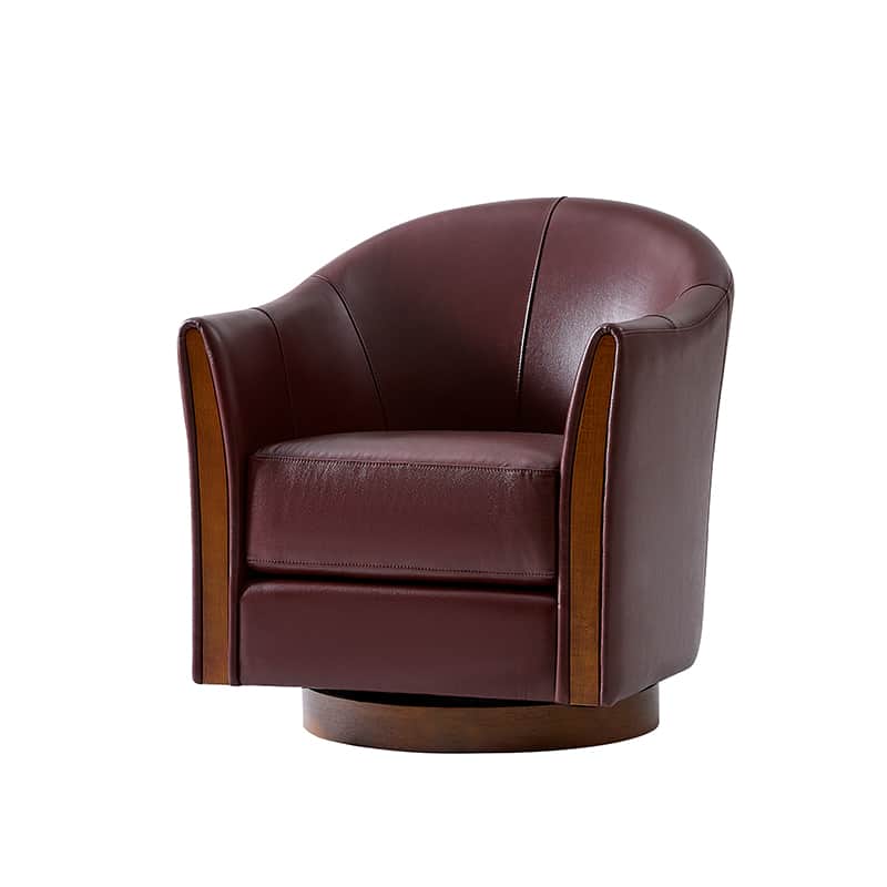 Fauteuil pivotant en cuir véritable avec base en bois massif et accoudoirs encastrés | Bordeaux / Marron / Camel | Monoplace
