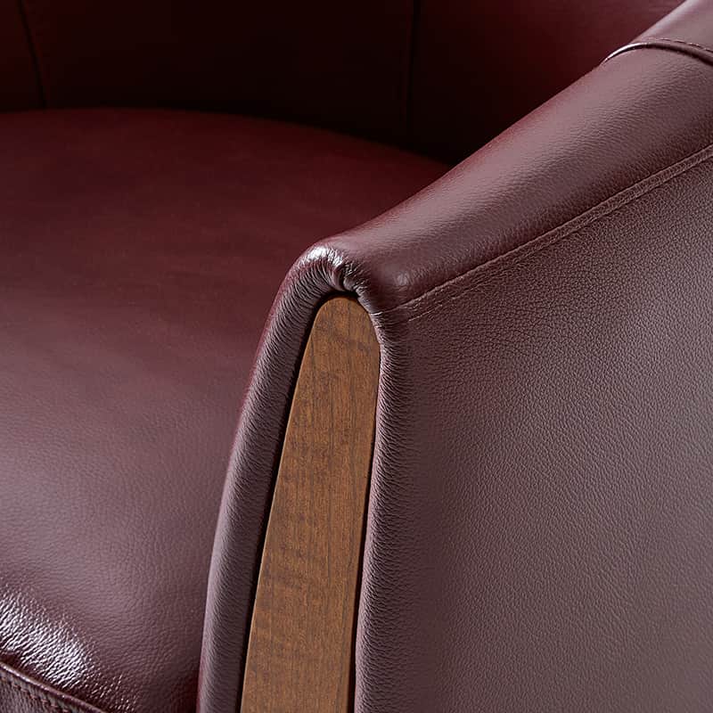 Fauteuil pivotant en cuir véritable avec base en bois massif et accoudoirs encastrés | Bordeaux / Marron / Camel | Monoplace