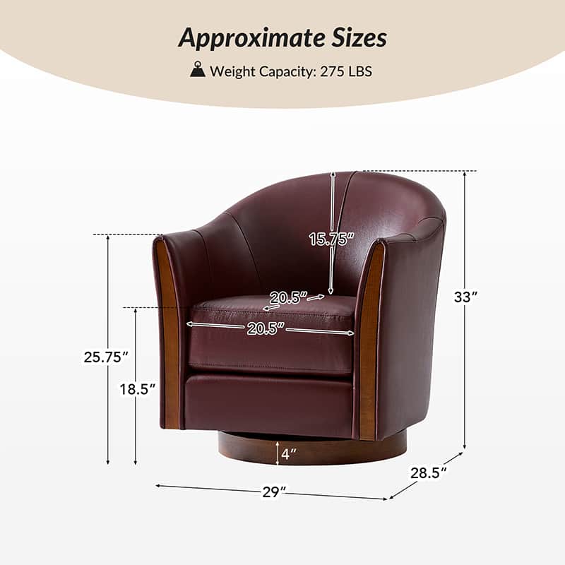 Fauteuil pivotant en cuir véritable avec base en bois massif et accoudoirs encastrés | Bordeaux / Marron / Camel | Monoplace