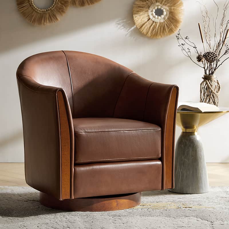 Fauteuil pivotant en cuir véritable avec base en bois massif et accoudoirs encastrés | Bordeaux / Marron / Camel | Monoplace