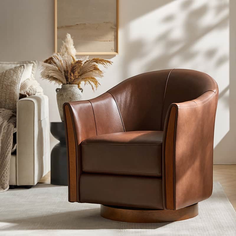 Fauteuil pivotant en cuir véritable avec base en bois massif et accoudoirs encastrés | Bordeaux / Marron / Camel | Monoplace