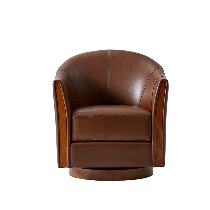 Fauteuil pivotant en cuir véritable avec base en bois massif et accoudoirs encastrés | Bordeaux / Marron / Camel | Monoplace