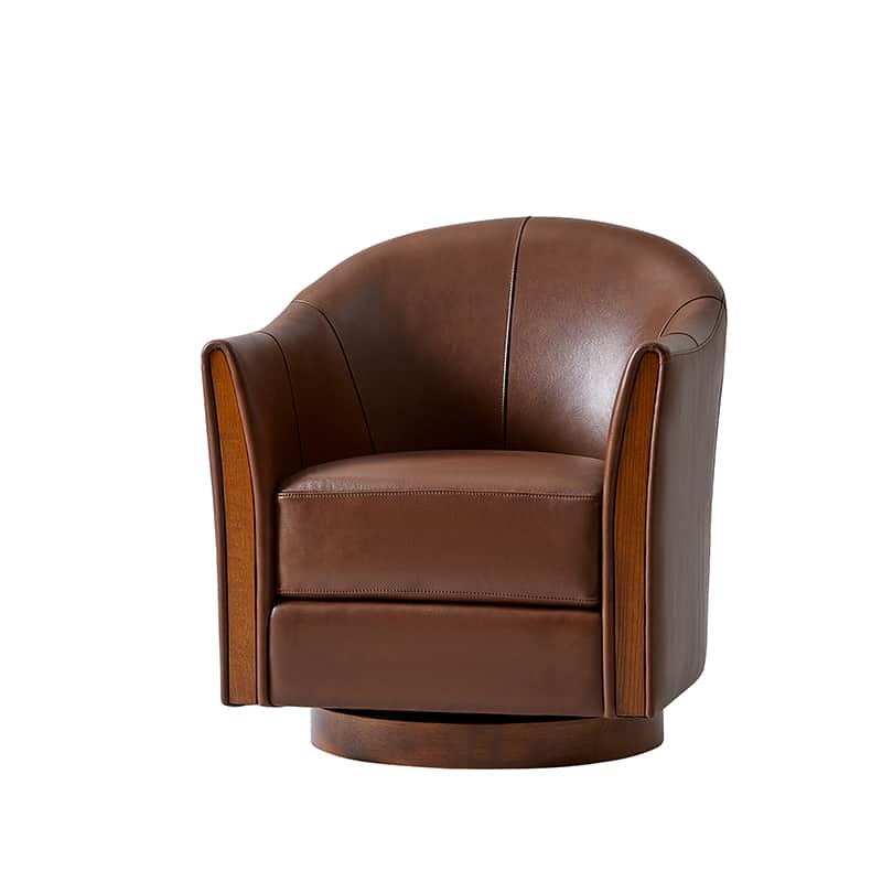 Fauteuil pivotant en cuir véritable avec base en bois massif et accoudoirs encastrés | Bordeaux / Marron / Camel | Monoplace