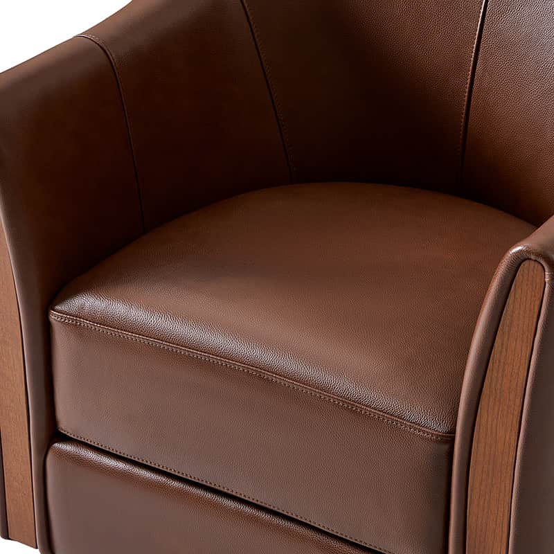 Fauteuil pivotant en cuir véritable avec base en bois massif et accoudoirs encastrés | Bordeaux / Marron / Camel | Monoplace