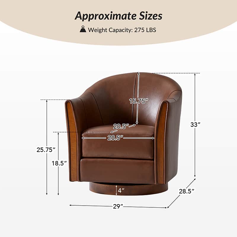 Fauteuil pivotant en cuir véritable avec base en bois massif et accoudoirs encastrés | Bordeaux / Marron / Camel | Monoplace