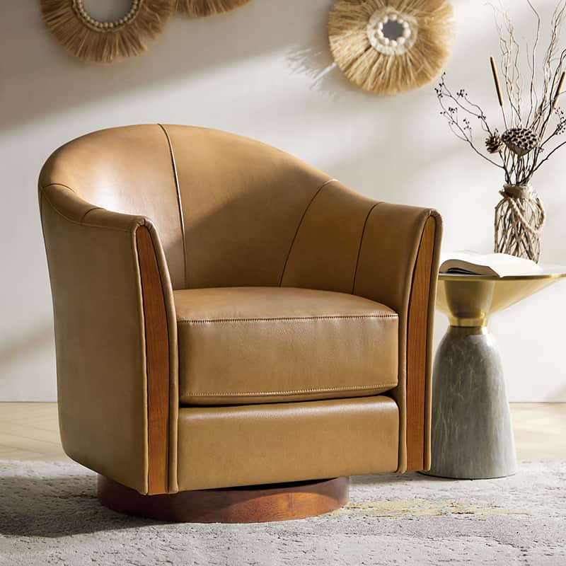 Fauteuil pivotant en cuir véritable avec base en bois massif et accoudoirs encastrés | Bordeaux / Marron / Camel | Monoplace