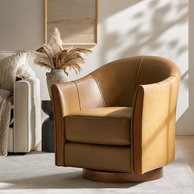 Fauteuil pivotant en cuir véritable avec base en bois massif et accoudoirs encastrés | Bordeaux / Marron / Camel | Monoplace