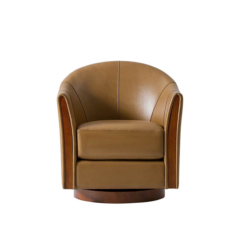 Fauteuil pivotant en cuir véritable avec base en bois massif et accoudoirs encastrés | Bordeaux / Marron / Camel | Monoplace