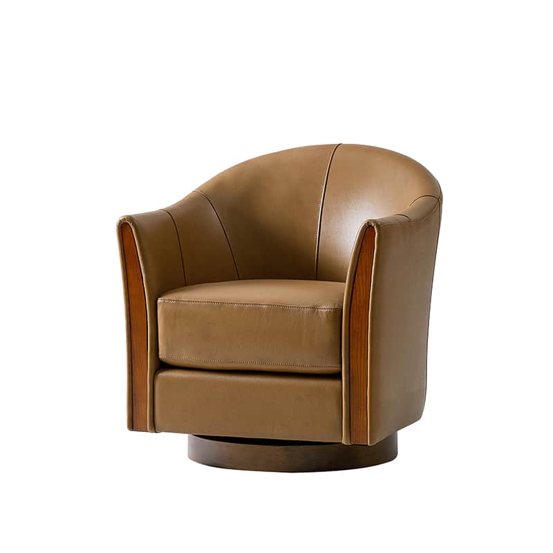 Fauteuil pivotant en cuir véritable avec base en bois massif et accoudoirs encastrés | Bordeaux / Marron / Camel | Monoplace