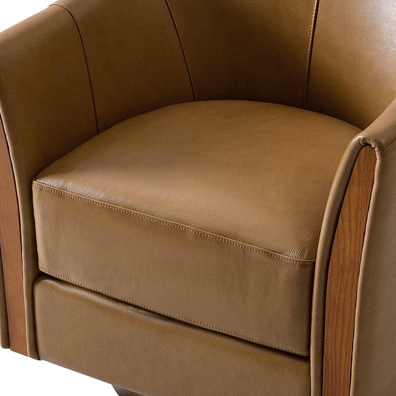 Fauteuil pivotant en cuir véritable avec base en bois massif et accoudoirs encastrés | Bordeaux / Marron / Camel | Monoplace