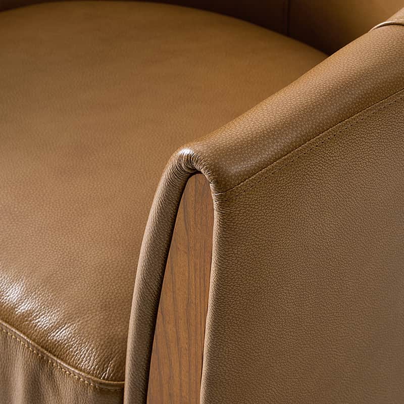 Fauteuil pivotant en cuir véritable avec base en bois massif et accoudoirs encastrés | Bordeaux / Marron / Camel | Monoplace