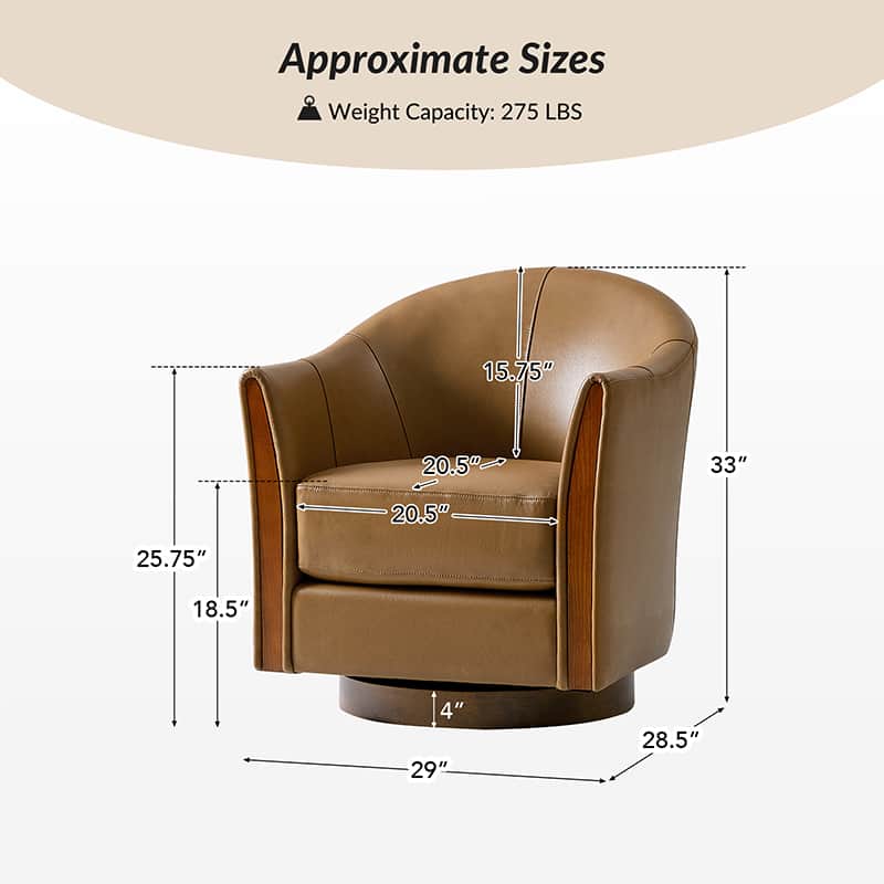 Fauteuil pivotant en cuir véritable avec base en bois massif et accoudoirs encastrés | Bordeaux / Marron / Camel | Monoplace